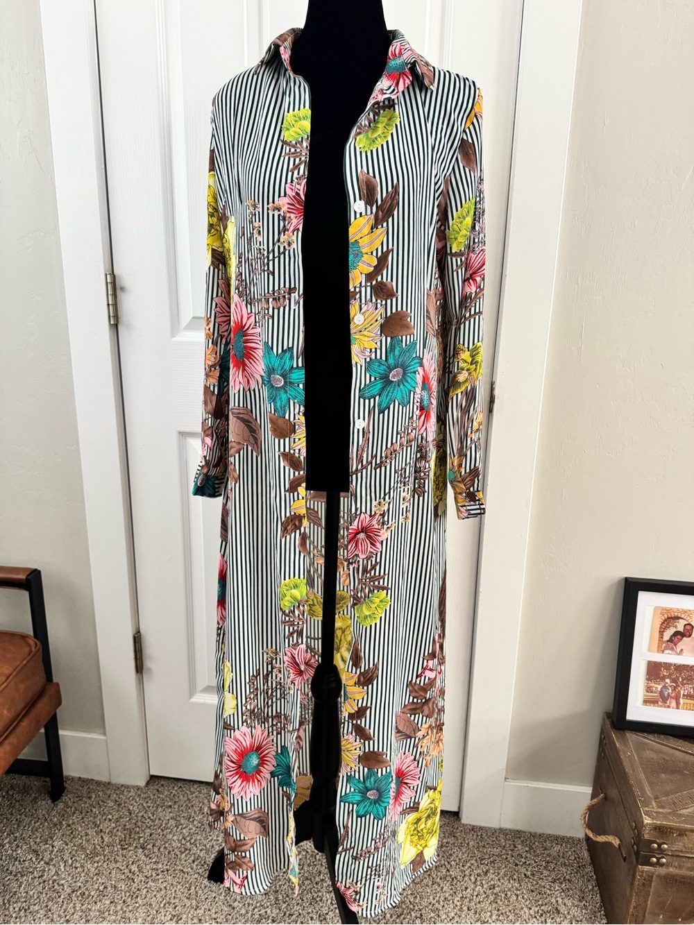 SHEIN Green Striped Floral Long Cardigan